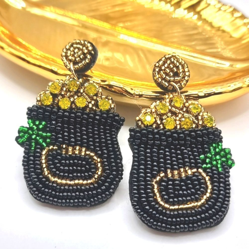 New Bling POT O GOLD with clover exquisite glass seed bead earrings